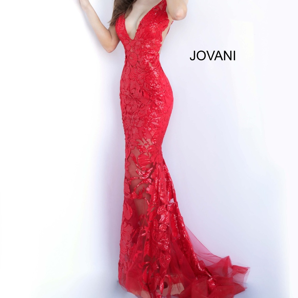 Jovani 60283 Red Plunging Neckline Embellished Dress - Petite 5’2